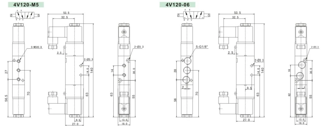 Two Position Five Way Solenoid Valve Double-Head Series Pneumatic Electric Valve DC24V 220 Volt