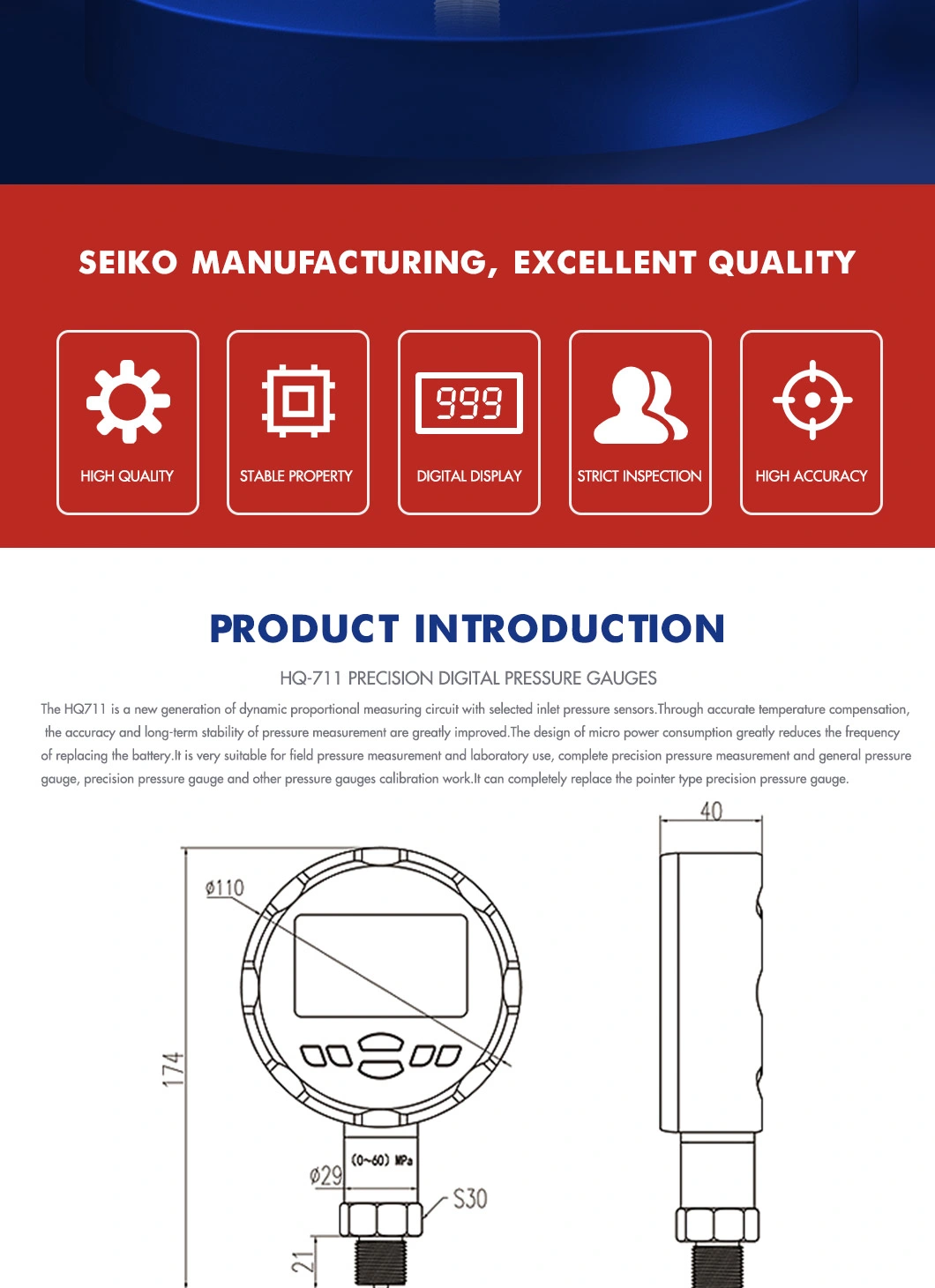 Hongqi Factory Price OEM High Precision Intelligent Digital Pressure Gauge with ISO9001/CE/RoHS